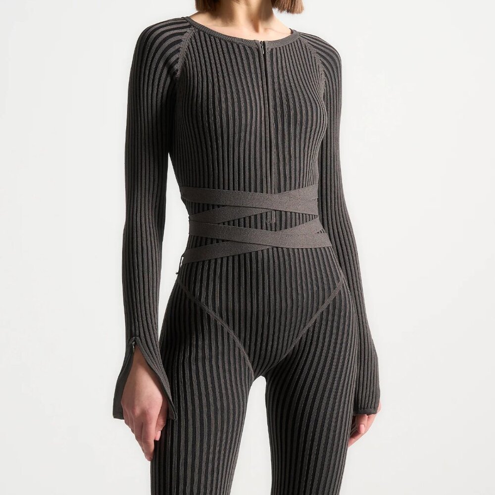 Knitted Two Tone Jumpsuit with Belt - Grey/Black